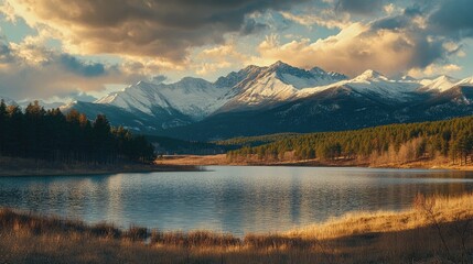 Fototapeta premium A serene lake scene with a mountain backdrop, perfect for outdoor or nature-related projects