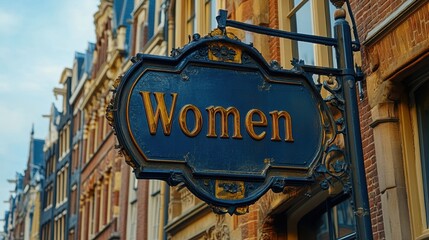 Fototapeta premium An ornate vintage sign with the word Women in gold lettering, set against a backdrop of historical urban architecture with detailed brickwork