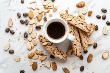 A warm cup of coffee accompanied by a plate of cookies on a rustic table