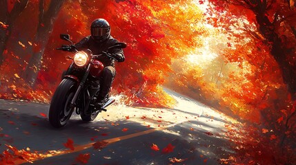 A helmeted biker riding along a winding road surrounded by vibrant autumn foliage, the trees ablaze with shades of red, orange, and yellow, fallen leaves swirling behind the motorcycle,