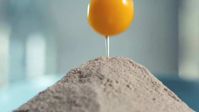 Egg falls on a pile of flour
