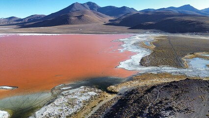 Laguna Colorada. Red salt lake in the southwest of the altiplano of Bolivia. The red color is...