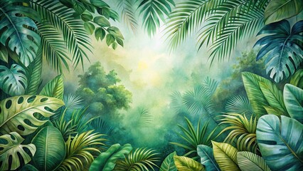 Aerial tropical watercolor plants background with colorful jungle rainforest leaves