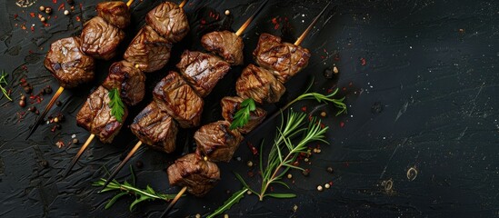 Top view of rustic shish kebab skewers with beef and spices on a dark background for a copy space image