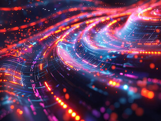 Fototapeta premium A vibrant, abstract design showcasing colorful light trails and patterns against a dark background, representing motion and energy.