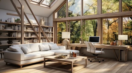 Interior of modern living room with wooden floor, panoramic windows, beige sofa, coffee table and bookshelf