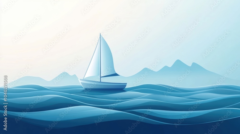 Aufkleber a sailboat navigates smooth, minimalist waves as gentle colors of dawn illuminate the calm ocean and