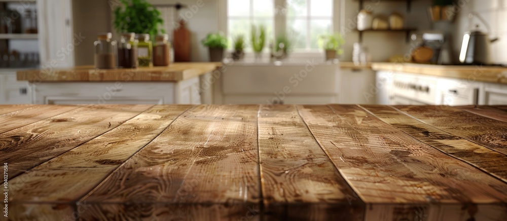 Wall mural wooden table with empty surface blurred kitchen backdrop perfect for displaying products in a copy s