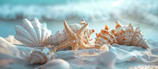 Obraz premium Summer theme with seashells or starfish on a table background suitable for adding text in copy space image