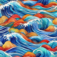 Watercolor seamless pattern of sea waves rolling in a beautiful spiral pattern.