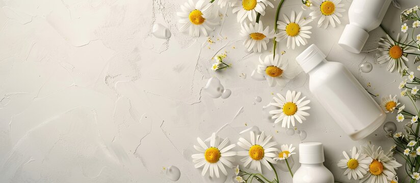 A concept of natural organic cosmetics is showcased in an advertisement for spas and stores with bottles of lotion containing chamomile extracts and flowers on a light background in a top view copy sp