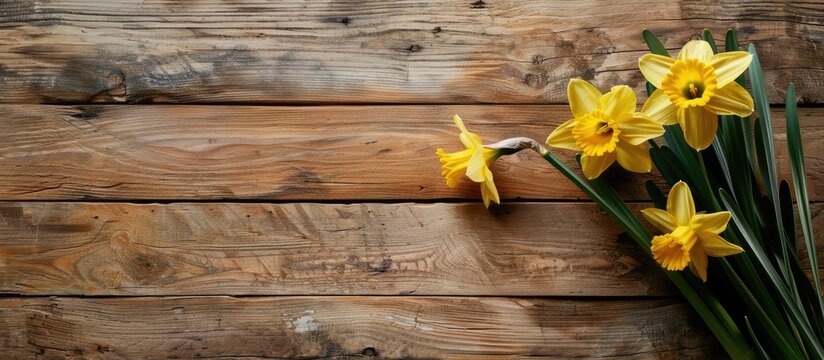 Floral nature photography showcasing yellow narcissus and daffodil on a rustic wooden background perfect for Easter themed copy space images