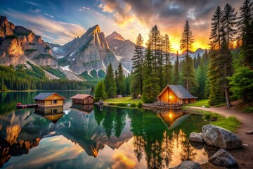 Obraz premium Stunning Architectural Photography of Mountain Camping Retreats with Scenic Views and Rustic Cabins