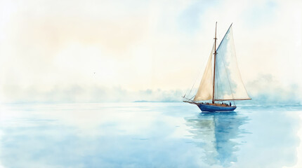 Fototapeta premium Serene sailboat glides across tranquil sea, watercolor seascape with soft pastel hues, calm waters reflect traditional sailing vessel on peaceful horizon