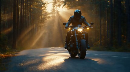 A lone biker in a leather jacket rides through a sunlit forest road. The scene captures the spirit of adventure and freedom of motorcycle travel.