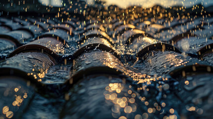 Raindrops cascade over a textured rooftop, capturing golden reflections in the water, creating a...