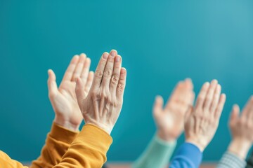Obraz premium Diverse group of hands applauding against a blue background, expressing appreciation and support in a vibrant and colorful setting.