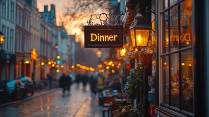 Fototapeta premium A charming and picturesque evening scene in a cobblestone street filled with glowing lights and a cozy ambiance highlighting a restaurant sign that says Dinner