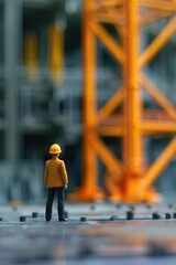 Obraz premium A toy figurine of a construction worker standing in front of a building site, perfect for illustrating concepts related to architecture and urban planning