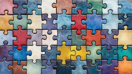 Colorful jigsaw puzzle pieces laid out in a chaotic arrangement