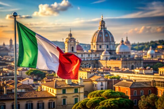 Italian flag waving over iconic rome cityscape