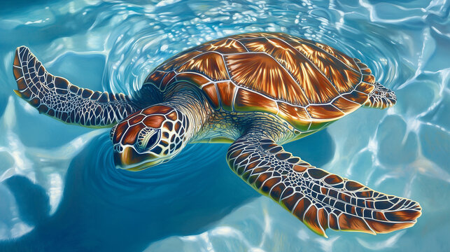 Sea turtle swimming in clear blue waters, with close-up focus on the shell's intricate patterns. 