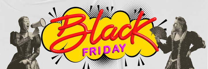 Medieval woman and man with pop art sale graphics between them promoting big sale deals. Contemporary art collage. Concept of Black Friday, Cyber Monday, sales, shopping. Banner