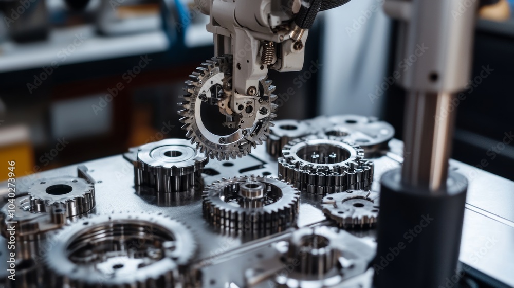 Aufkleber A robotic arm assembling intricate clockwork mechanisms in a precision engineering workshop, clean and detailed workspace, Mechanical style