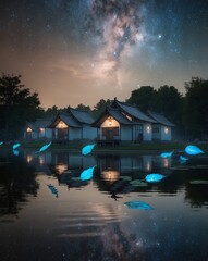 Fototapeta premium Serene Village Under Cosmic Starry Sky Reflection