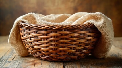 Obraz premium Rustic woven basket with linen cloth on wooden surface