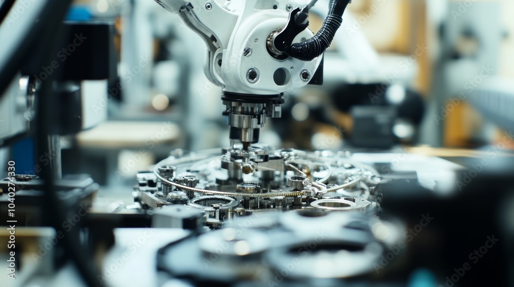 Poster A robotic arm assembling intricate clockwork mechanisms in a precision engineering workshop, clean and detailed workspace, Mechanical style