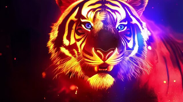 Fierce tiger is roaring with its mouth wide open, surrounded by vibrant colors of blue, red, and orange, evoking a sense of power and intensity. AI-Generated
