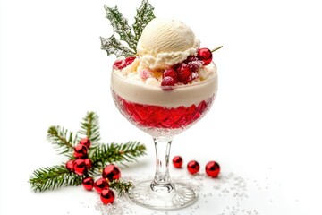 A sweet treat featuring vanilla ice cream, fresh cranberries, and a crunchy glass container