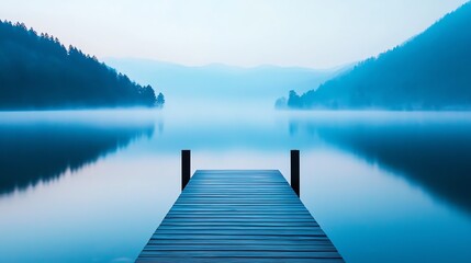 Naklejka premium Tranquil lake view with misty hills and a wooden dock in the foreground.