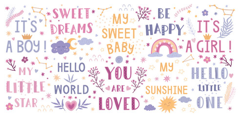Baby text. Little hello boy floral boho design, abstract sweet vintage wallpaper art or girl love poster. Decorative cute elements for nursery. Vector design, cartoon flat isolated illustration