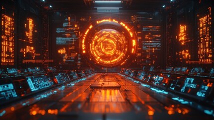 Obraz premium Futuristic data hub with neon technology interface