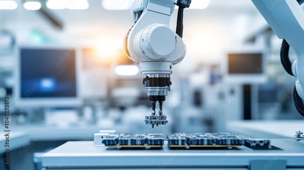Aufkleber A robotic arm assembling parts in a clean, high-tech electronics manufacturing environment, modern and precise setting with a focus on assembly efficiency