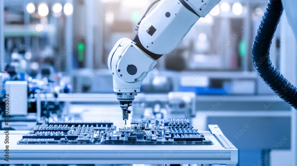 Poster A robotic arm assembling parts in a clean, high-tech electronics manufacturing environment, modern and precise setting with a focus on assembly efficiency