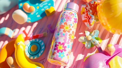 Obraz premium Childhood Joy: Whimsical Flower-Patterned Thermo Water Bottle Amid Playful Toys and Colorful Snacks on Picnic Table - Ultra-Detailed