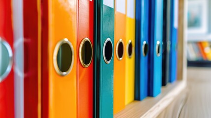 Fototapeta premium A collection of bright binders lined up on a shelf, perfect for organizing and storing documents