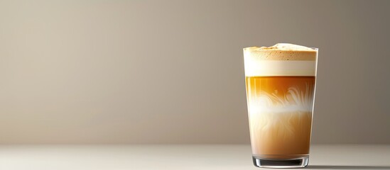 Latte macchiato with a gradient against a grey backdrop featuring a copy space image