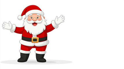 Friendly cartoon Santa Claus joyfully spreading arms with a big smile on a clean white background