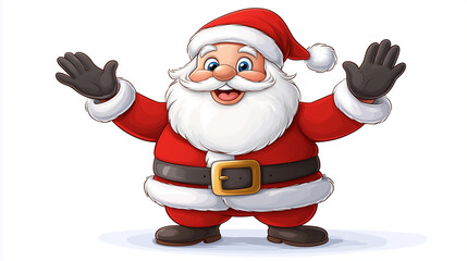 Cheerful cartoon Santa Claus waving with a big smile, dressed in a classic red suit