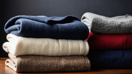 Stacked sweaters in various colors and textures lie on a wooden surface, creating a cozy arrangement. The lighting highlights each layer's detail.