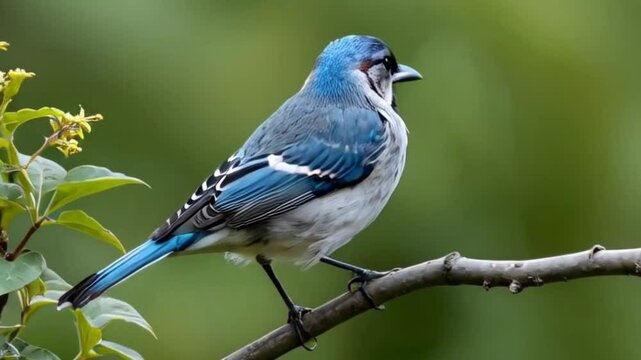 A beautiful blue jay perched on a branch with green foliage in the background.