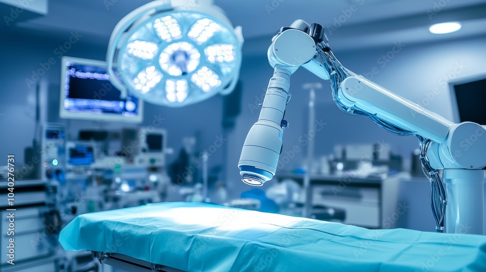 Poster a robotic arm conducting precise robotic surgery in a modern operating room, clean and sterile envir