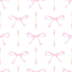 pink bows and arrows. Watercolor seamless pattern on white background in pastel colors for textile and wrapping paper. Cute illustration for Valentine's Day