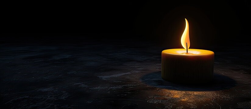In a black night a solitary candle burns exuding a sense of spirituality and illuminating the darkness with its soft glow suitable for copy space image