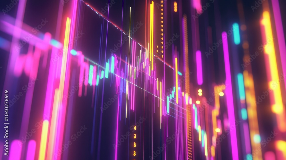 Poster abstract depiction of financial graphs and charts in neon colors