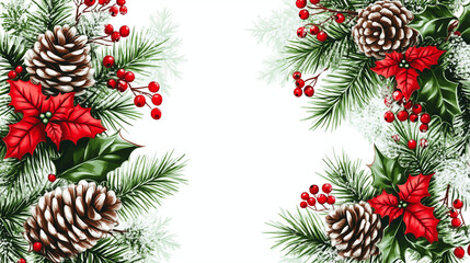 Vibrant holiday corner frame featuring pine cones, holly leaves, and red berries on a clean background